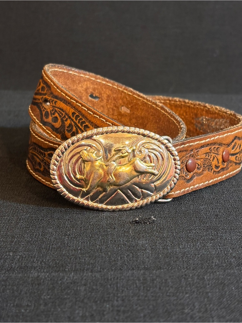 Vintage Nocona Kids 22” Tooled Leather Western Cowboy Belt Bronco Buckle